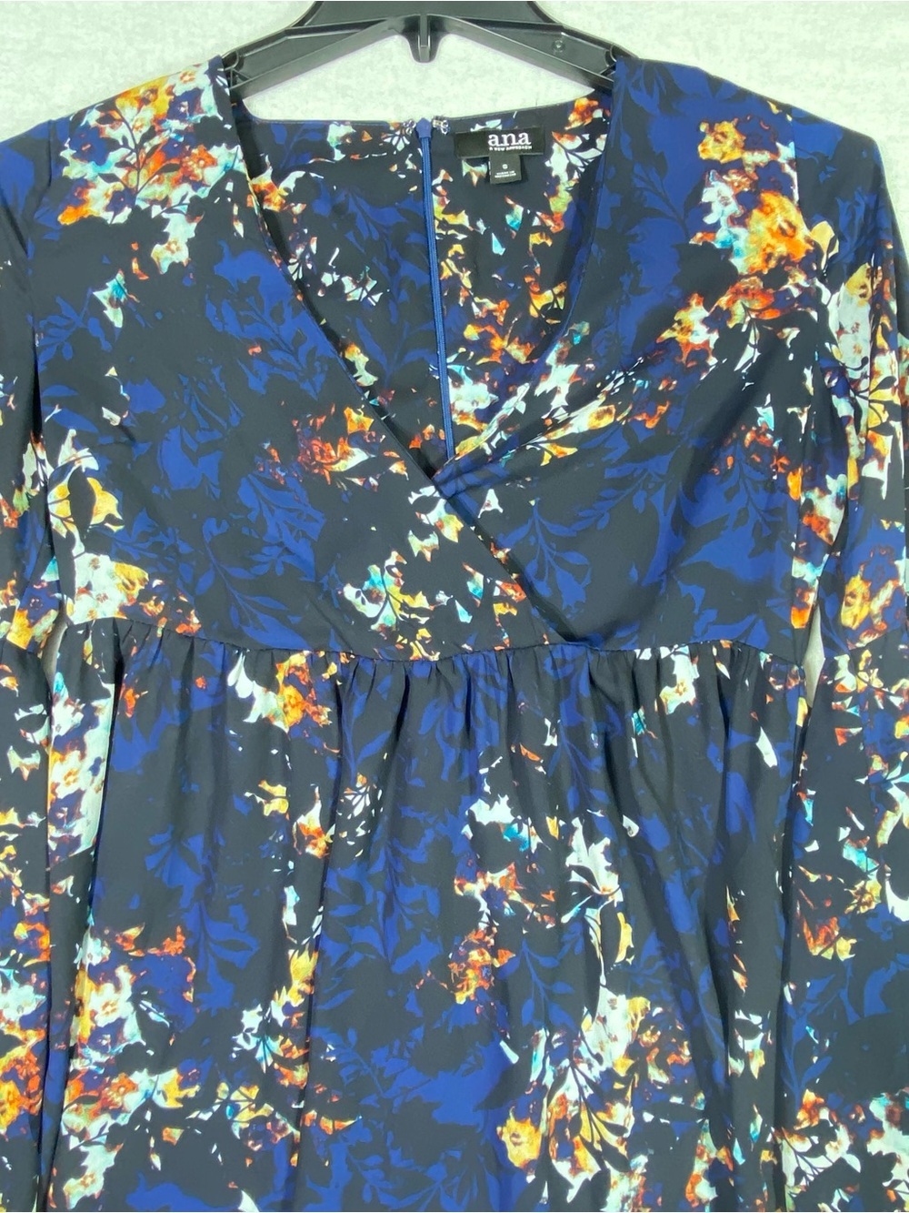 A.N.A. Floral Peplum Wrap Style Blouse Women's S Blue Black Bell Sleeves Flowy - Picture 2 of 13